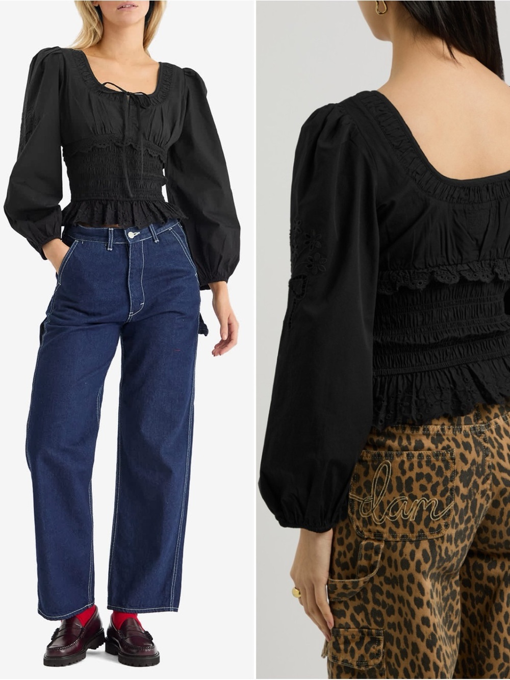 Damson Madder Nola Blouse Black Smocked Puff Sleeve Cottagecore Top 16 US NWT​